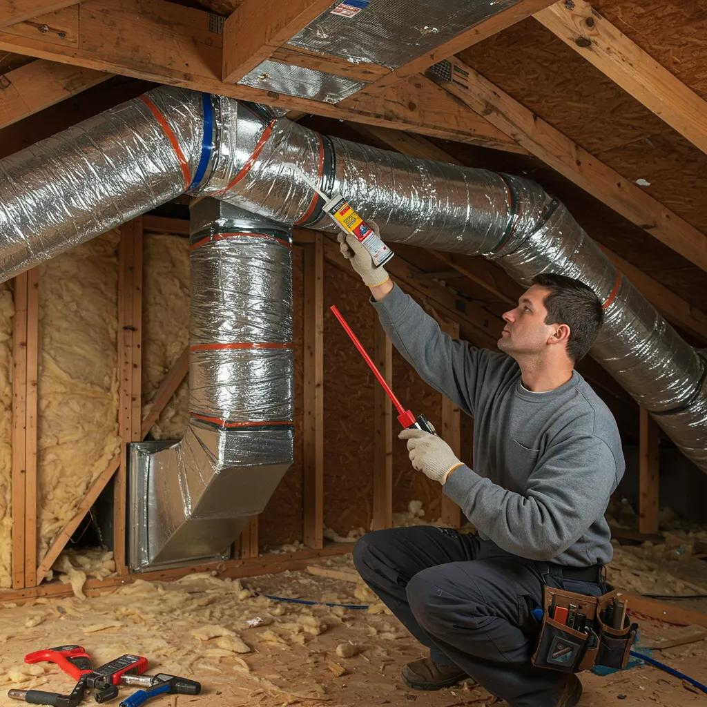 HVAC technician sealing ductwork in an attic, emphasizing the importance of duct sealing for energy efficiency