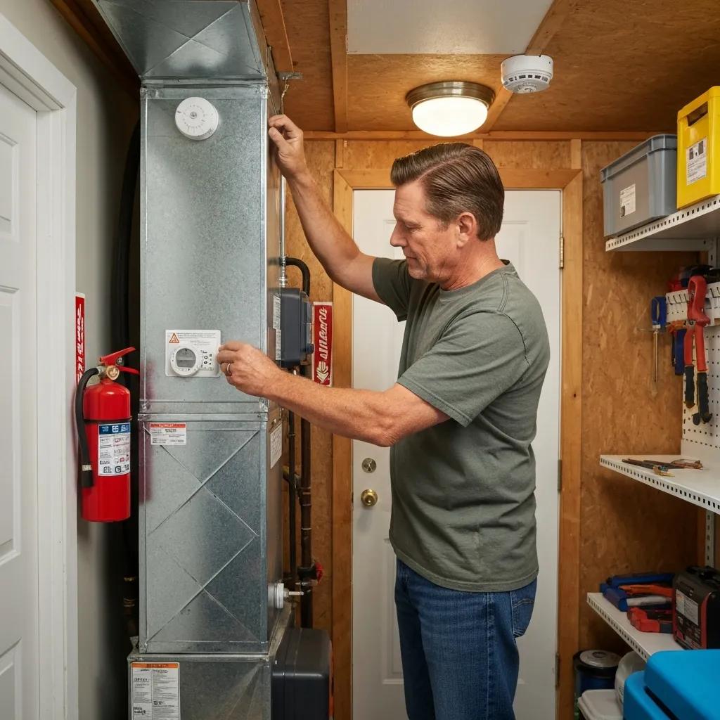 Homeowner checking carbon monoxide detector and keeping the furnace area clear for safety
