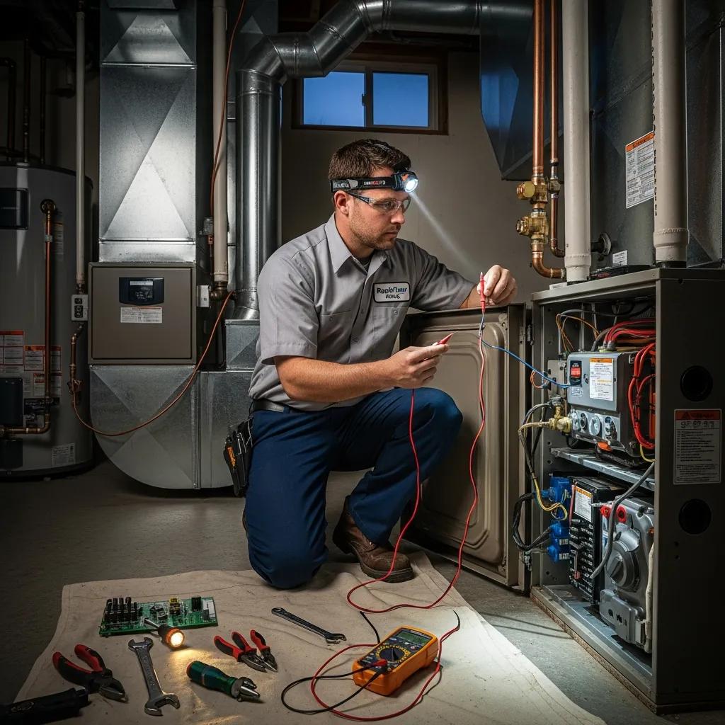 HVAC technician repairing a heating and cooling system in a home
